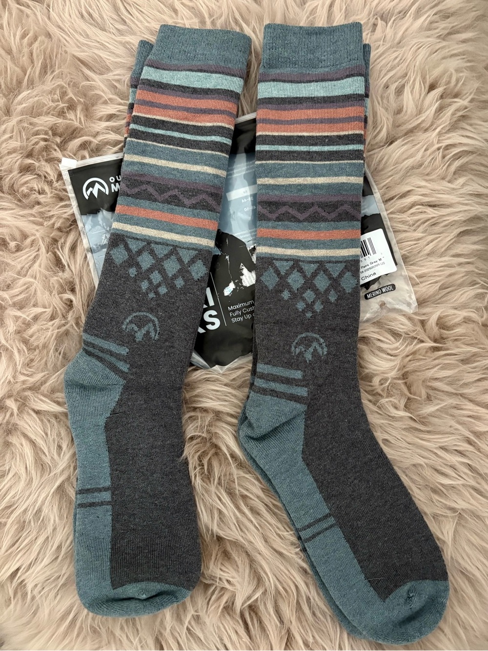Outdoor Wool-Blend Ski Socks — Teal & Charcoal Stripe